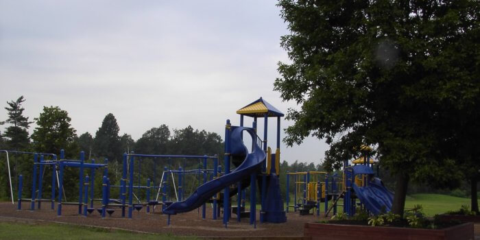 Photo of playground with multiple structures and swings.