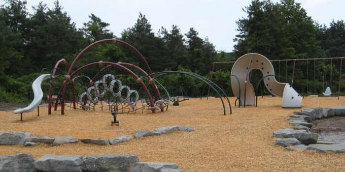 Photo of arched play structure with climbers and slides, and a separate curved climbing structure