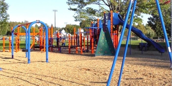 Photo of playground with slides, climbers, and swings.