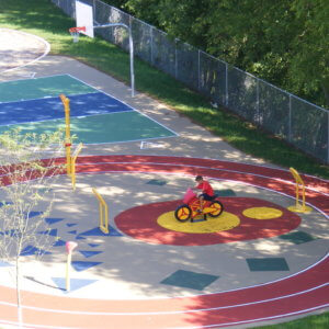 Photo of small circular track with a stationary bike in the center